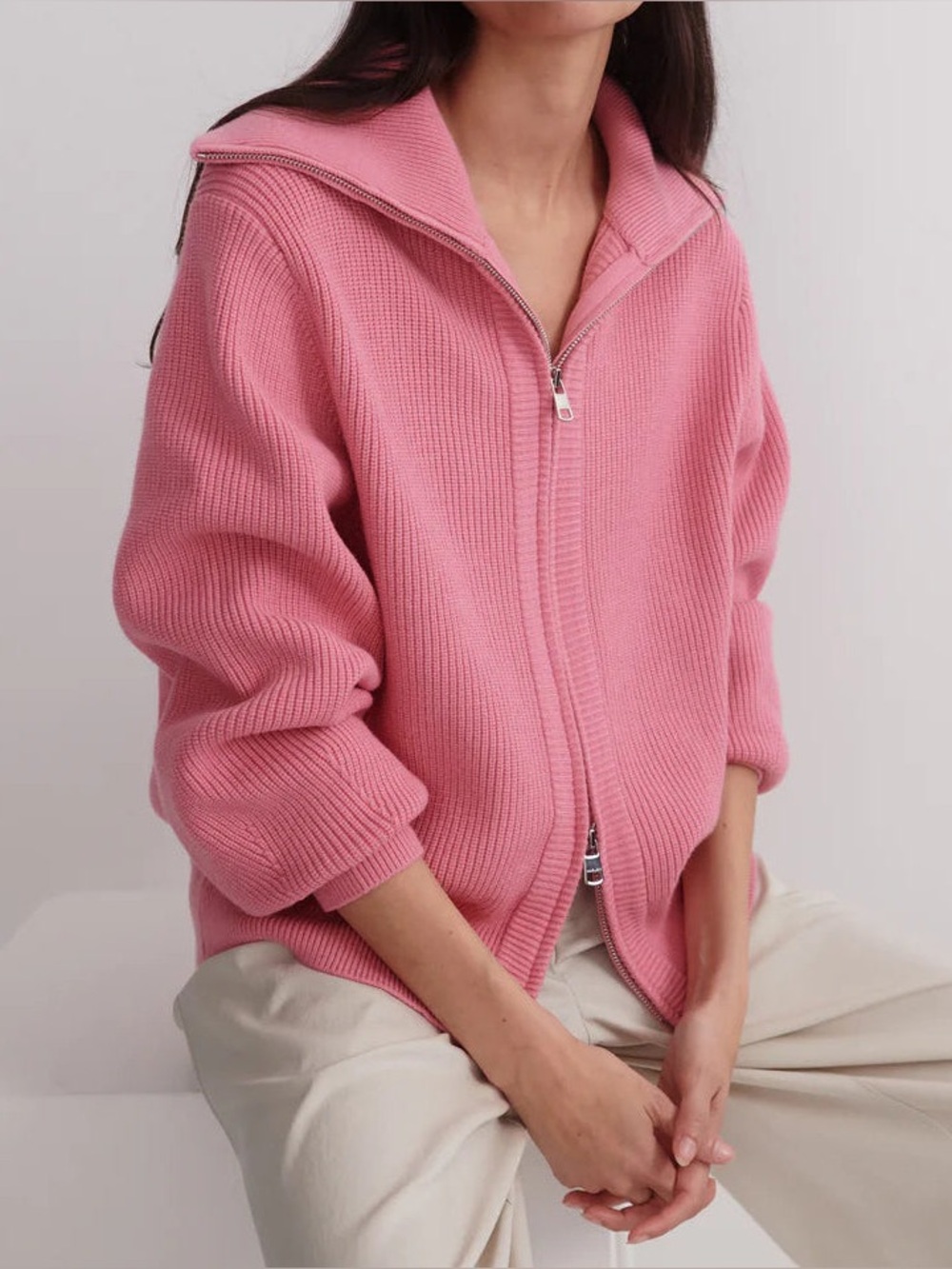 Varley Enrico Knit Jacket Sea Pink Rib Stitch Cardigan Sweater Double Zipper